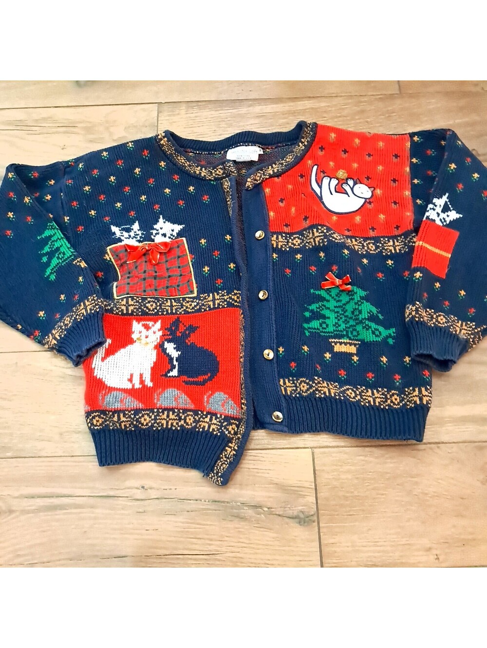 Vintage Sweater Loft Cat Cardigan Sweater Women's Size S Small blue red READ